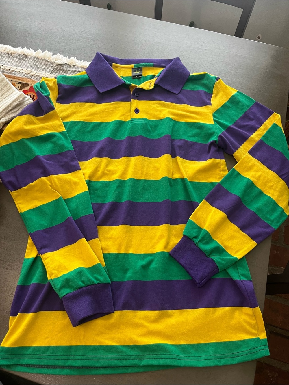Long-Sleeve Mardi Gras Polo Shirt purple green and gold
